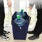 Navy storage tote bag with zip-top holding bottles, carried by two people holding handles