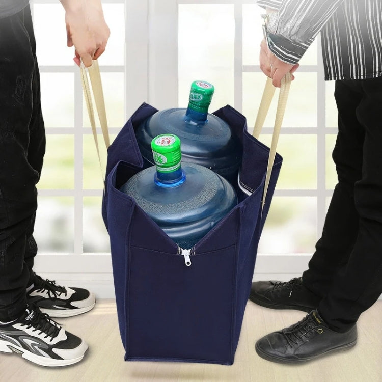 Navy storage tote bag with zip-top holding bottles, carried by two people holding handles