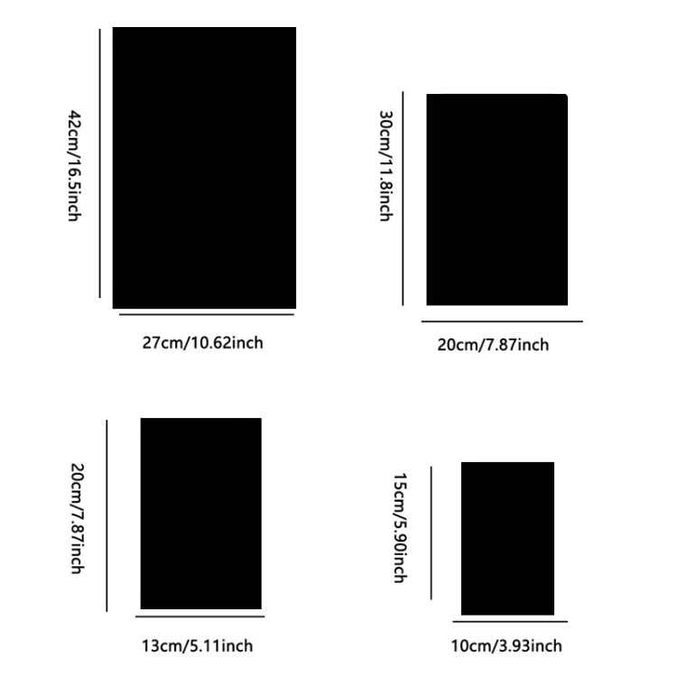 Set of 4 rectangular acrylic mirror stickers with size dimensions, shown on black panels