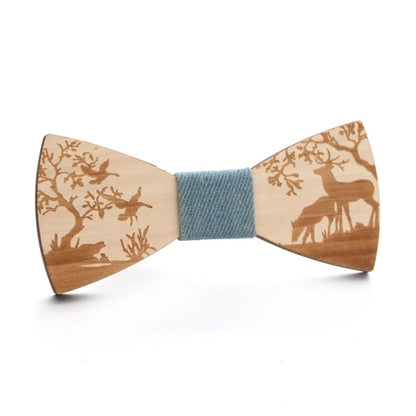 Wooden bow tie with elk scene print, blue fabric center, tan wooden wings