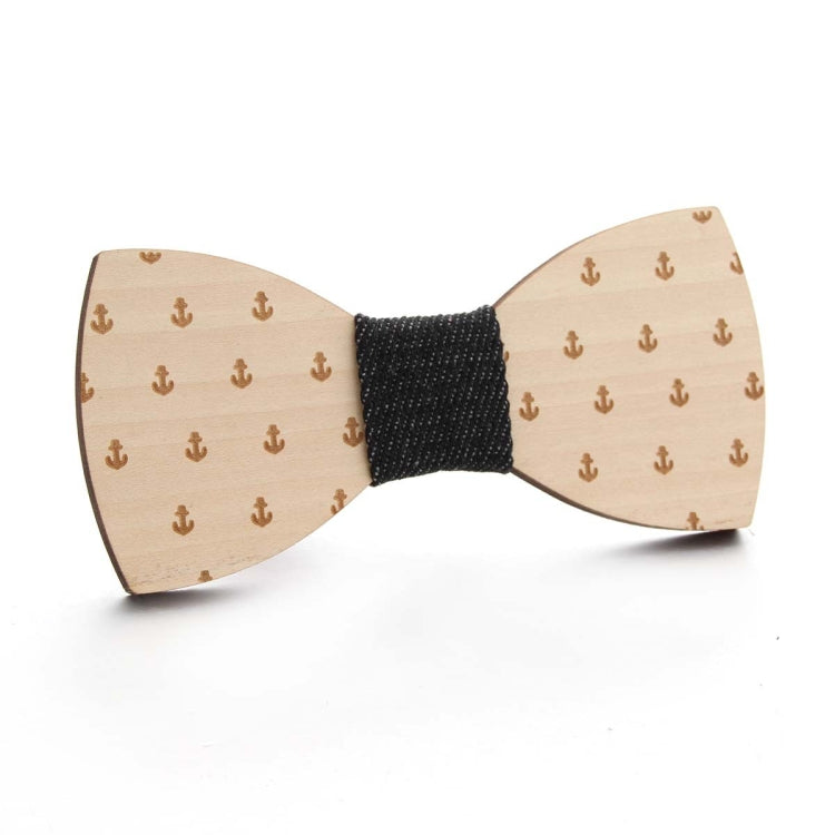 Wooden bow tie with anchor pattern, black fabric center, tan wooden wings