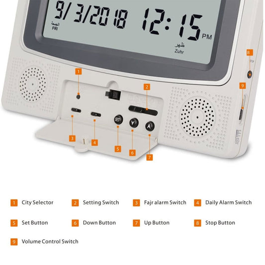 White desktop perpetual calendar alarm clock showing control buttons and speaker grilles