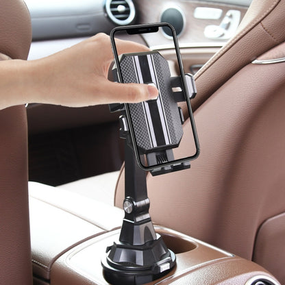 Adjustable car phone holder with cup-base clamp, black and textured gray arms