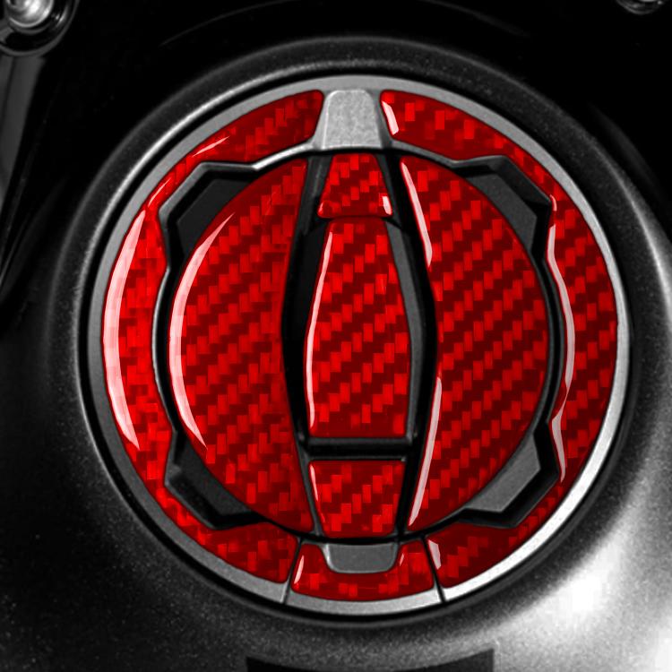 Fuel tank cap sticker set with carbon-fiber style red pieces and black trim