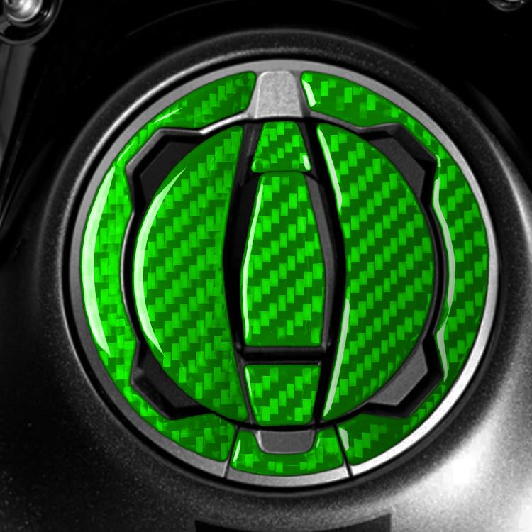 Fuel tank cap sticker set with carbon-fiber style green pieces and black trim