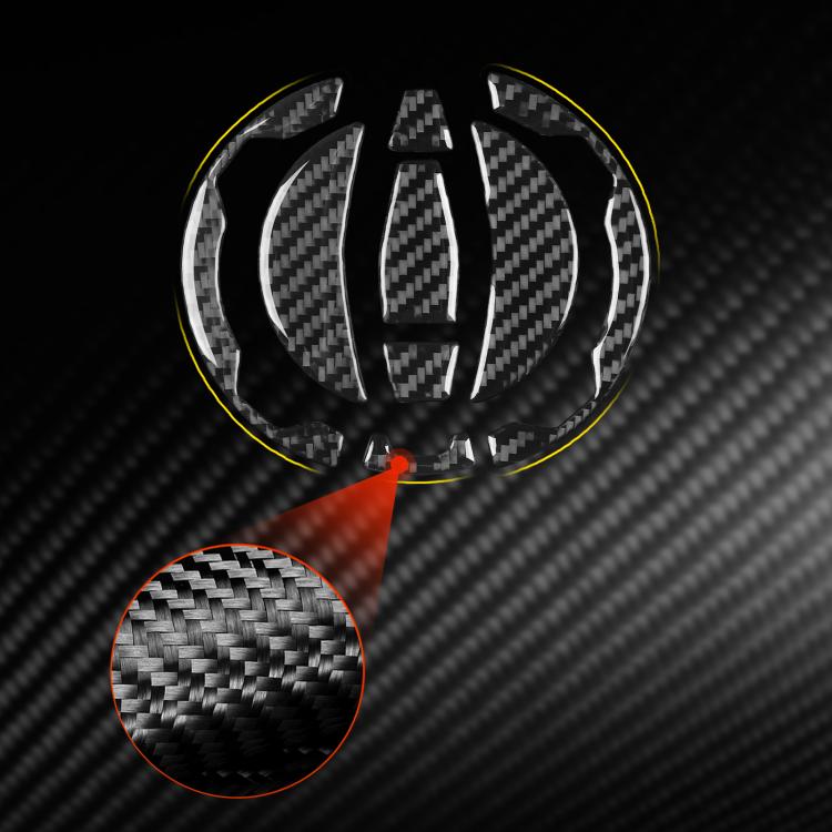 Fuel tank cap sticker set with carbon-fiber style black pieces, shown with close-up detail