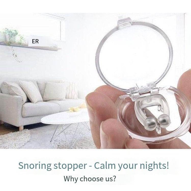 Magnetic nose clip with clear silicone frame and silver magnetic tips, shown in case