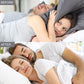 Snoring relief nose clip shown on sleepers, clear silicone with silver magnetic tips
