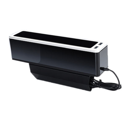 Car seat gap storage box with silver edge trim, open top tray, and dual USB charging ports