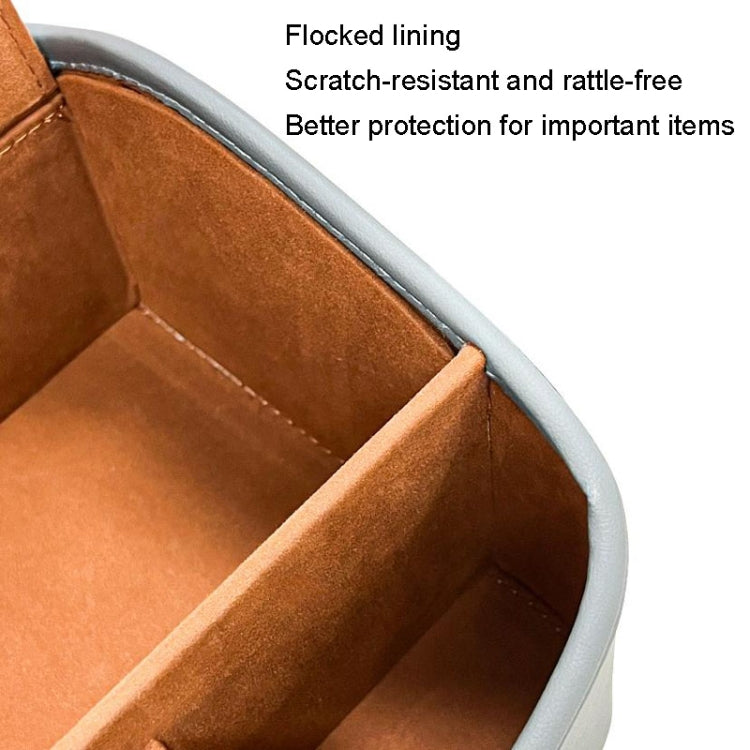 Gray tissue box organizer with orange flannel-like lining and stitched inner seams
