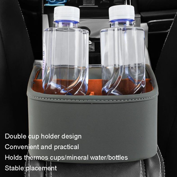 Gray car storage organizer with double cup holder insert and clear bottles