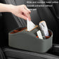 Gray car tissue box organizer with tissue pull slot holding paper and small items