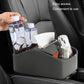 Gray car tissue organizer on seat holding bottles, tissue, and small accessories