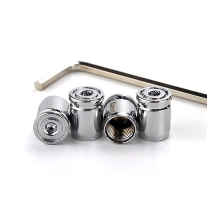 Silver anti-theft tire valve caps set with metal wrench, four chrome caps