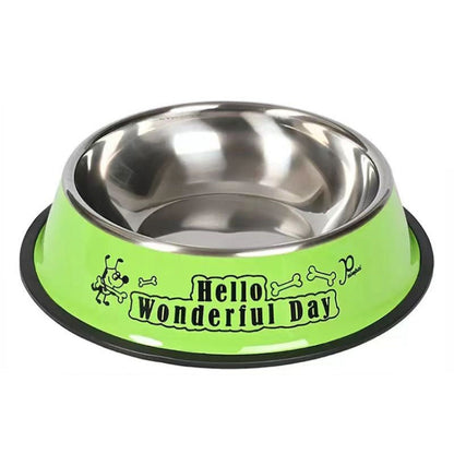 Green anti-tip pet food bowl with stainless steel insert and “Hello Wonderful Day” print