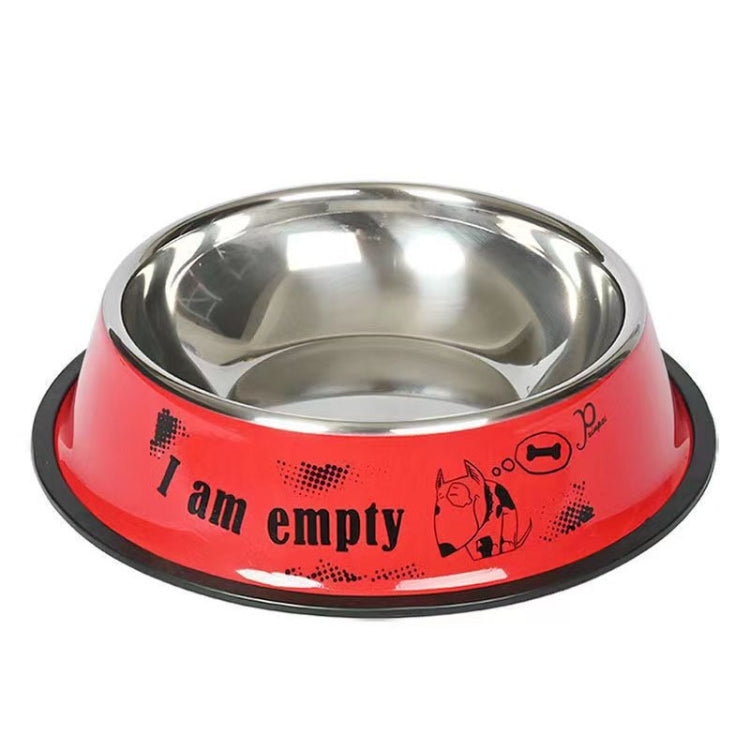 Red pet food bowl with stainless steel insert, anti-tip base, and “I am empty” wording