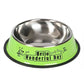 Green anti-tip pet bowl with shiny stainless steel interior and “Hello Wonderful Day” graphic