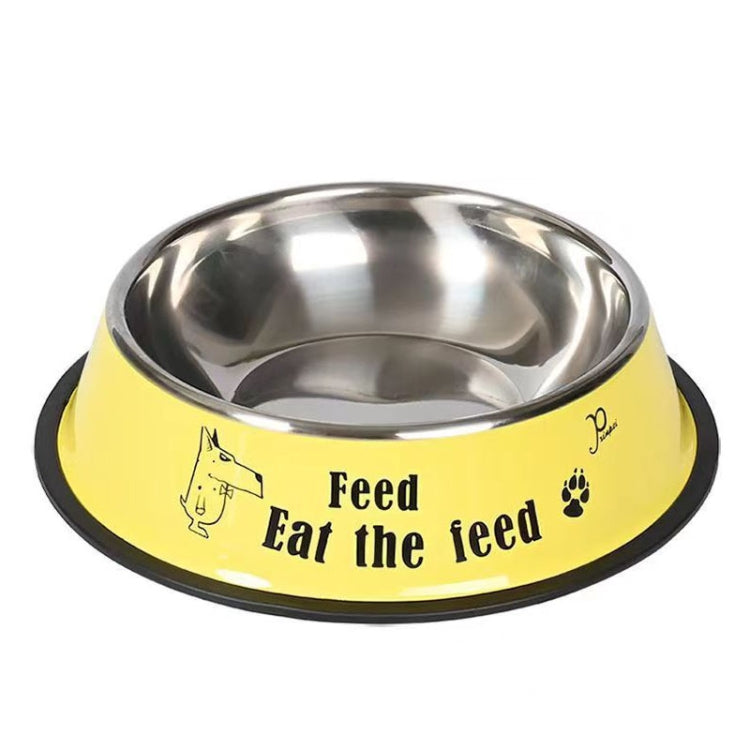 Yellow anti-tip pet bowl with stainless steel insert and “Feed Eat the feed” message