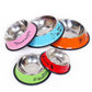 Set of stainless steel pet food bowls with anti-slip bases in pink, blue, orange, and green.