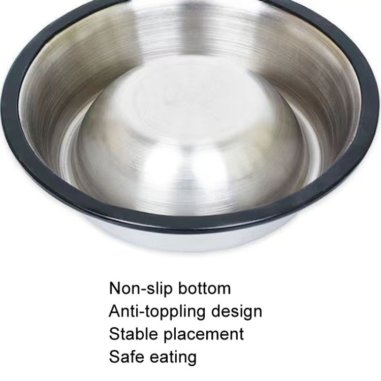 Stainless steel pet food bowl with anti-slip bottom, black rim, and brushed metal inner basin.