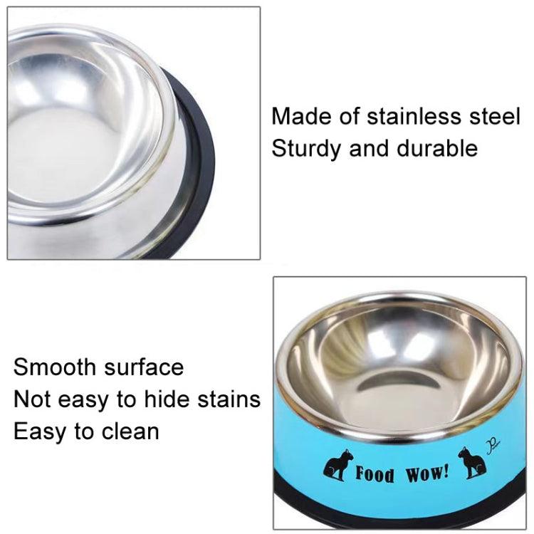 Stainless steel pet food bowl with smooth metal surface and black anti-slip base.