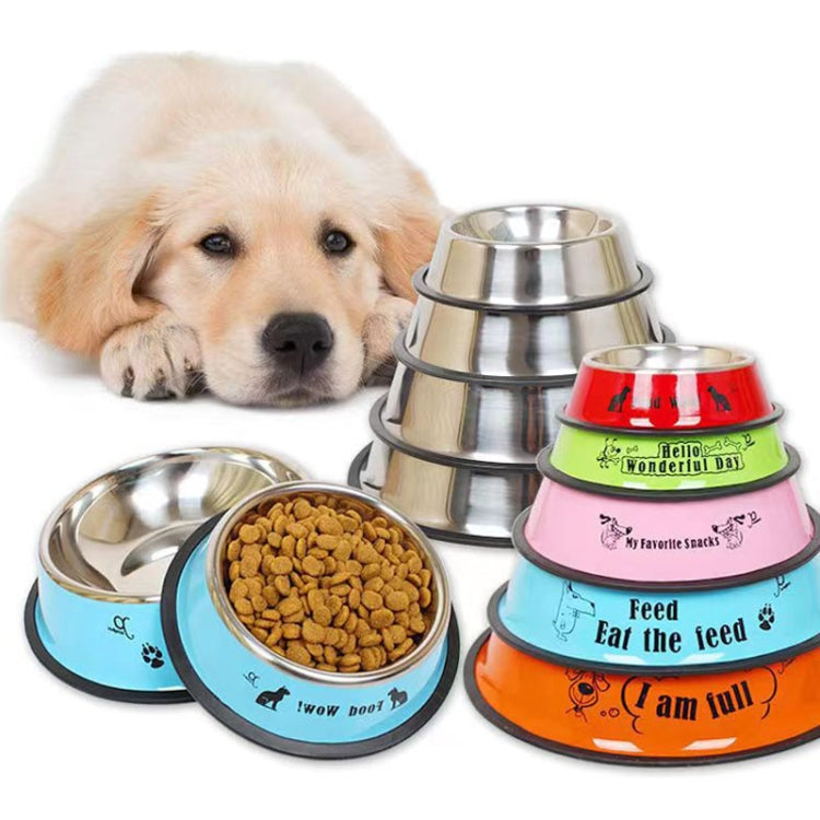 Pet dog with multiple stainless steel food bowls on colorful anti-slip bases.
