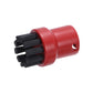 Steam brush head with black bristles in red plastic holder