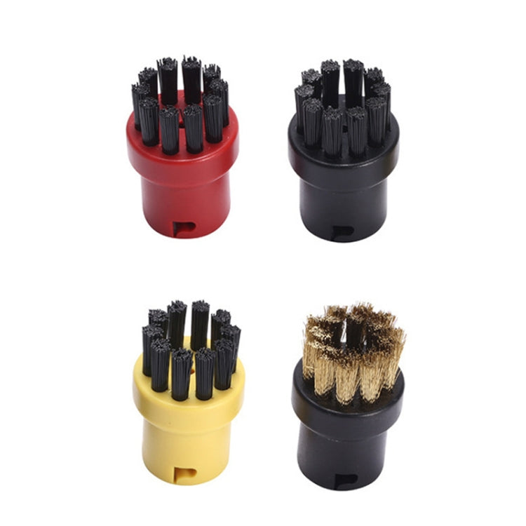 Assorted steam brush heads with red, yellow, black, and copper wire bristles