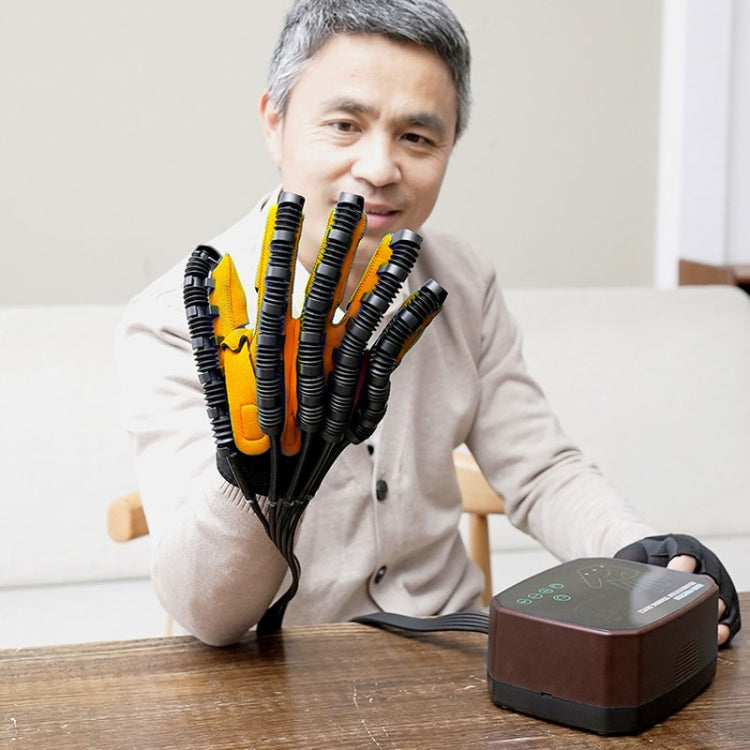 Robotic rehabilitation glove and control unit, black multi-finger sleeves with orange accents