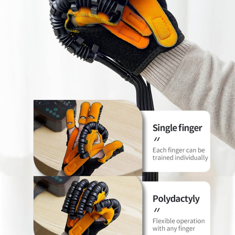 Rehabilitation robotic glove close-up with orange pads and black spring tubing