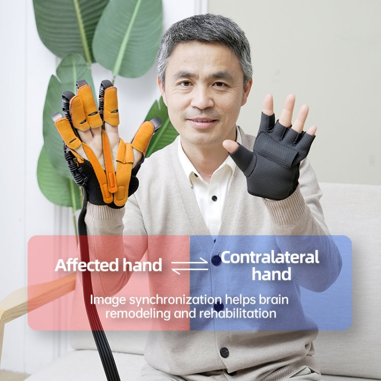 Rehabilitation robotic glove on one hand held beside bare hand