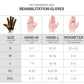 Rehabilitation glove size chart with measurements for S through XXL and hand width ranges