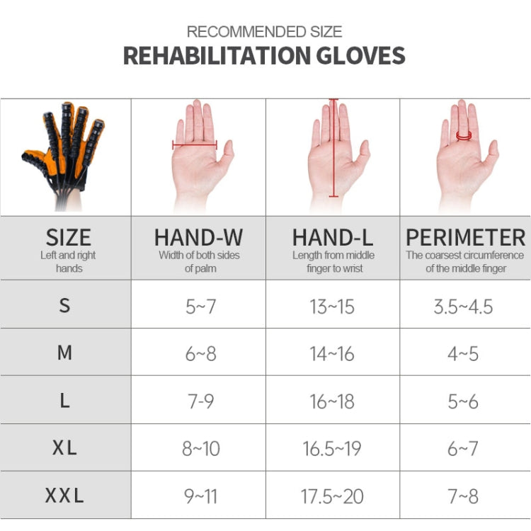 Rehabilitation glove size chart with measurements for S through XXL and hand width ranges