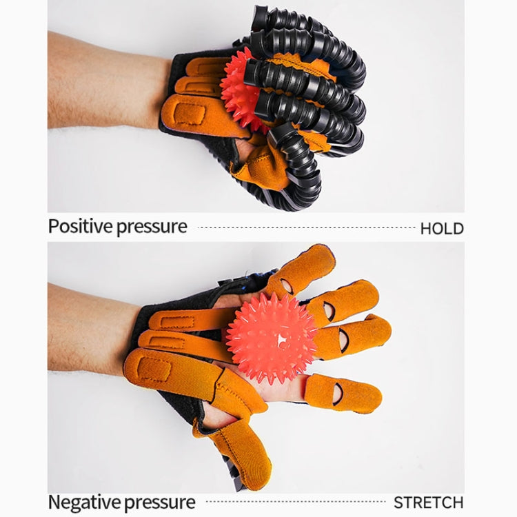 Robotic rehabilitation glove with orange palm and finger pads plus pressure-training ball