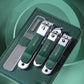 Stainless steel nail clipper set with dark green handles, three clippers in green pouch