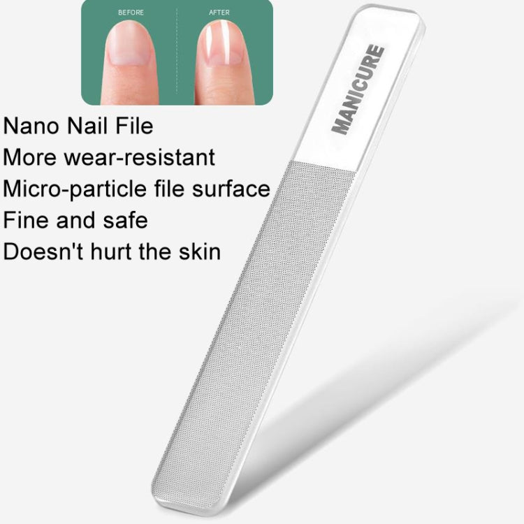 Stainless steel nano nail file with gray abrasive surface and white handle, slanted