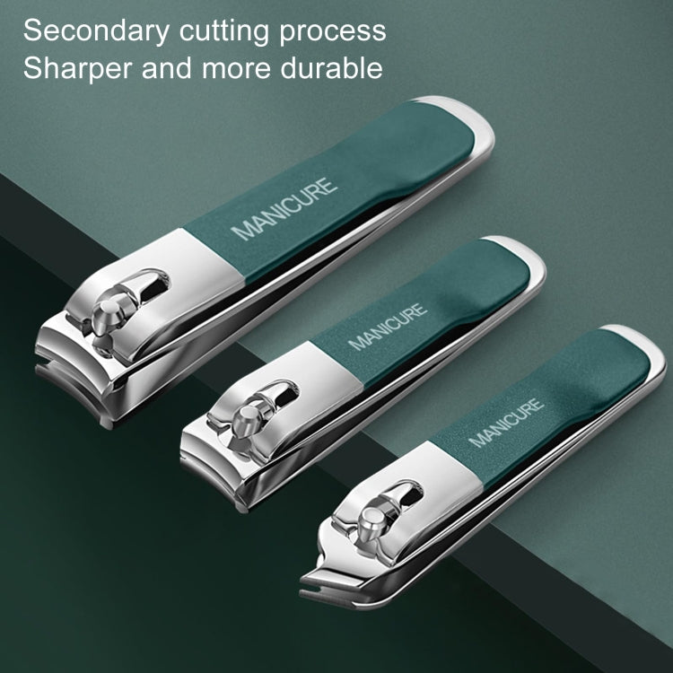 Stainless steel nail clipper trio with dark green handles, polished metal bodies