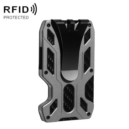 RFID aluminum card holder wallet with carbon-fiber style body and card slots, black/gray