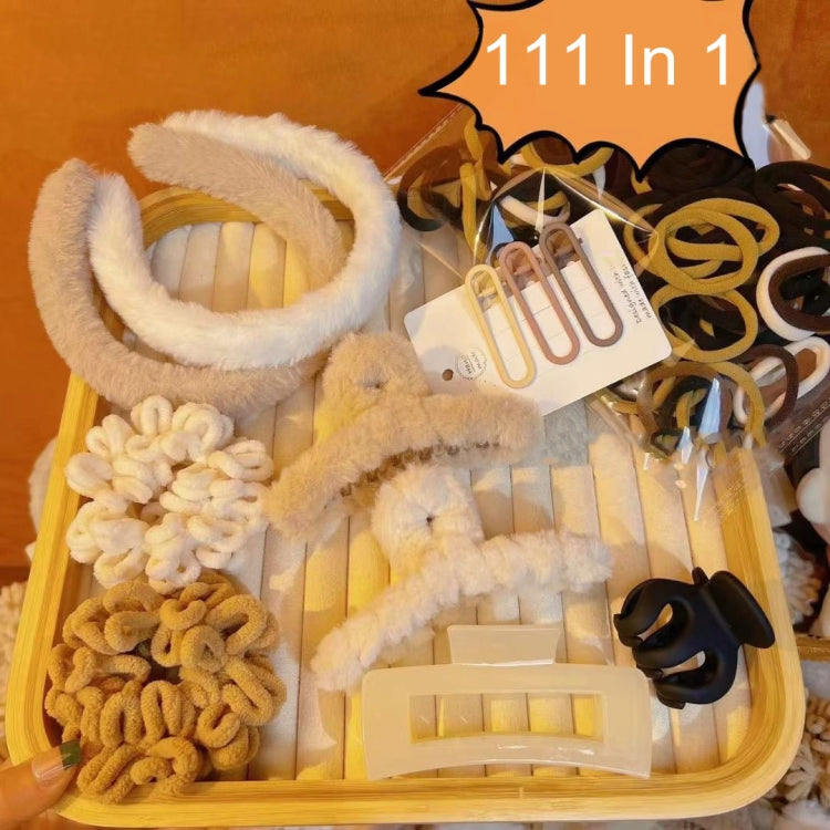 Plush hair accessory set with scrunchies, clips, and soft headbands in mixed colors