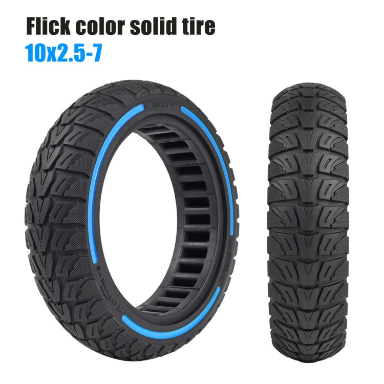 Off-road scooter tire with blue sidewall stripe and chunky tread pattern