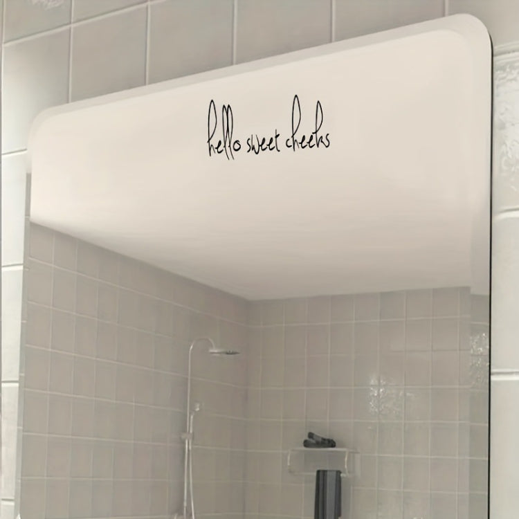 Vinyl mirror decorative sticker, black cursive “hello sweet cheeks” on a rectangular mirror