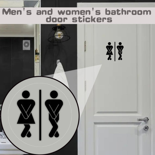 Bathroom door sticker with black restroom icons on a white bathroom door