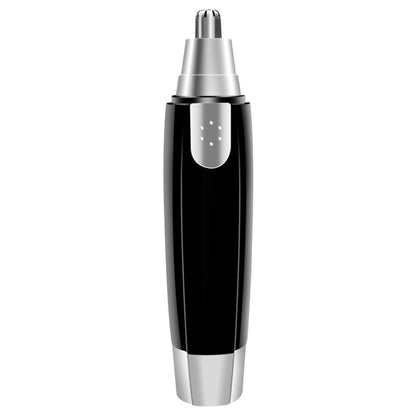 Motorized nose hair trimmer with silver top, black body, and enclosed cutting head.