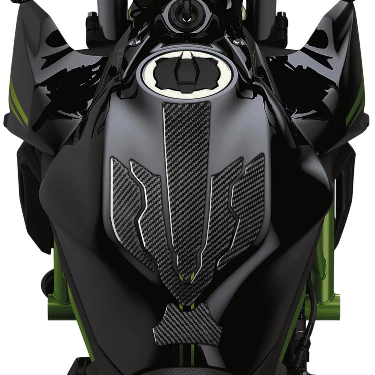 Fuel tank cap sticker set with black carbon-fiber pattern decals on fuel tank