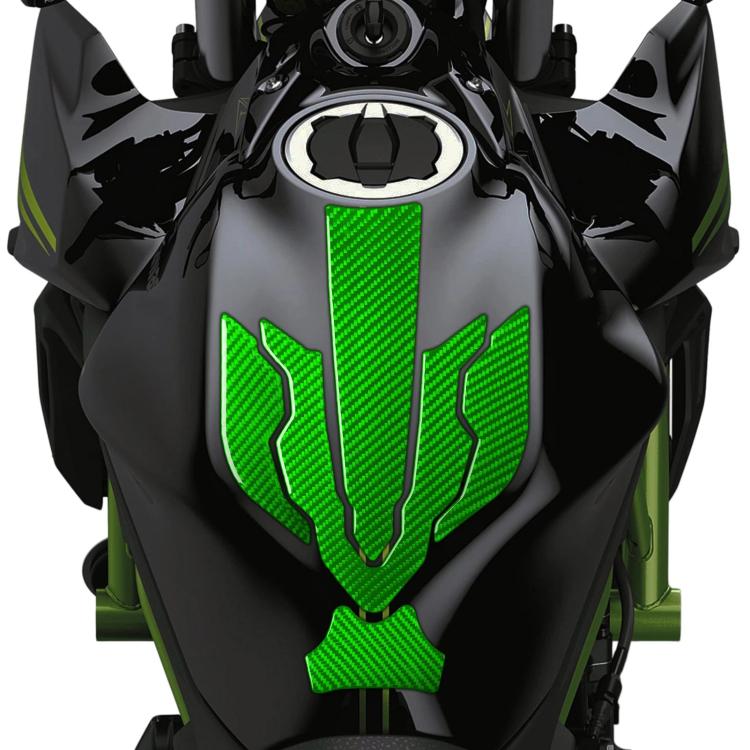 Fuel tank cap sticker set with green carbon-fiber pattern decals on fuel tank