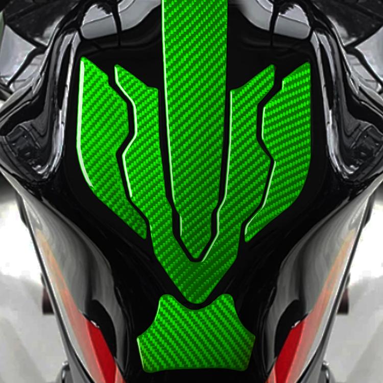 Fuel tank cap sticker set close-up of green carbon-fiber pattern decals