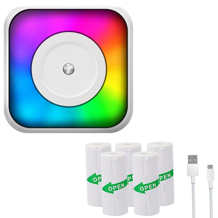 Portable mini Bluetooth label printer with RGB light display and white sticker rolls