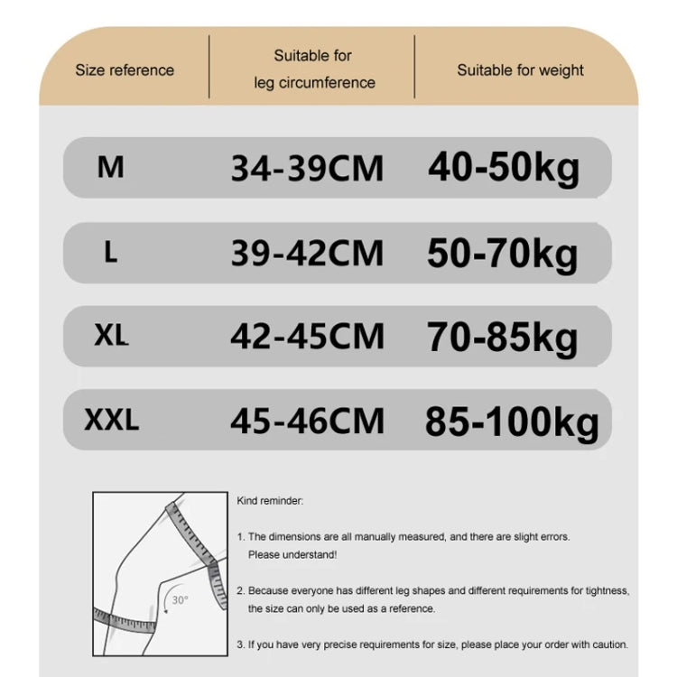 Knee pad size chart for M–XXL with leg circumference and weight ranges