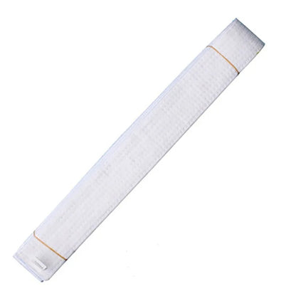 White taekwondo belt sash with tan stitched edge and folded end