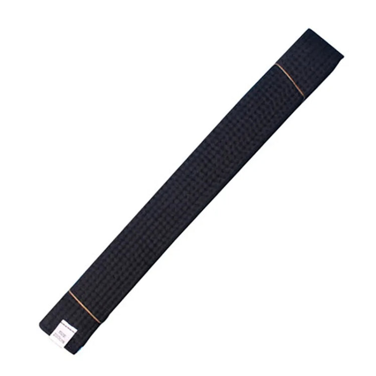 Black taekwondo belt sash with tan stitched edge and sewn end label